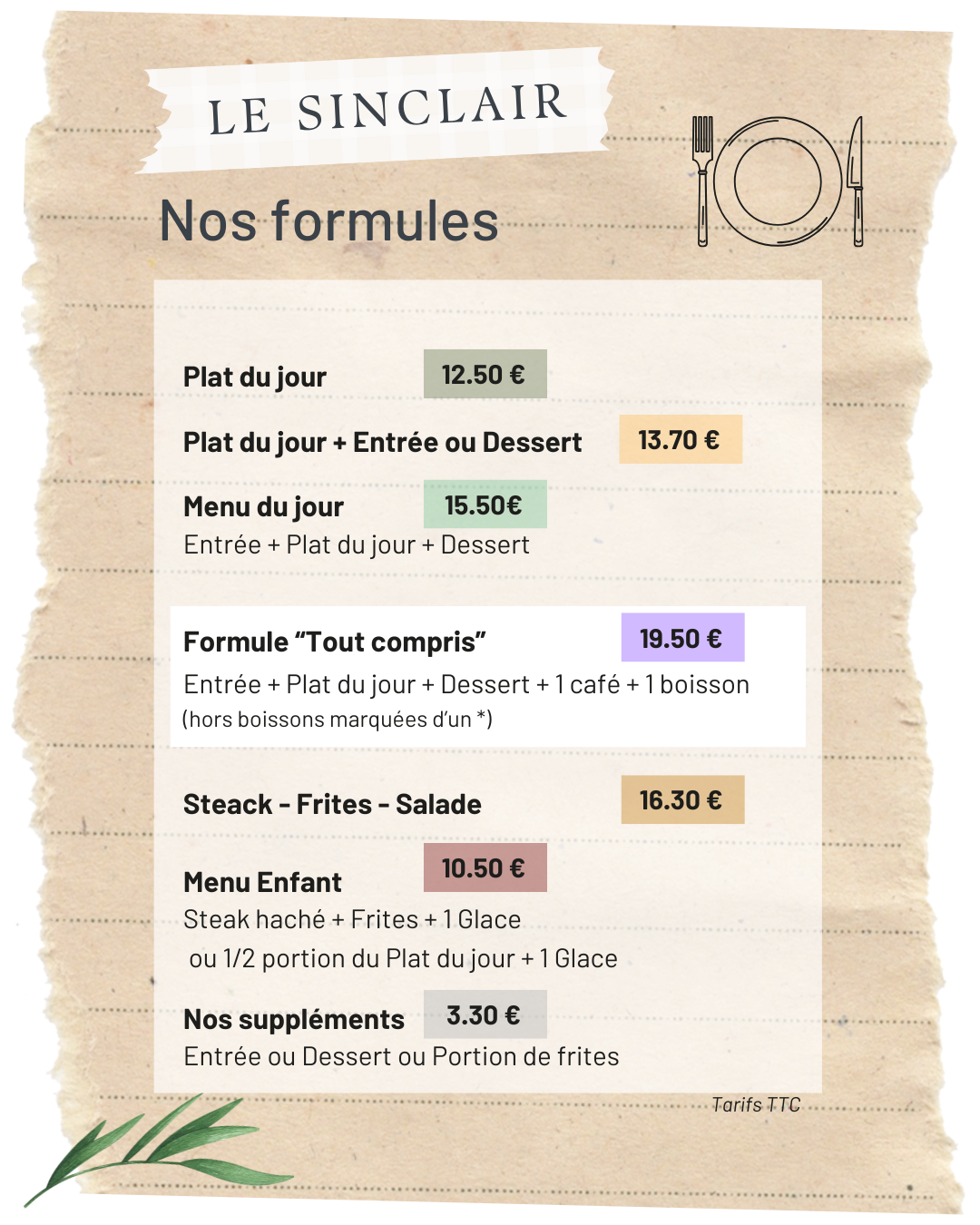 Les formules du restaurant Le Sinclair